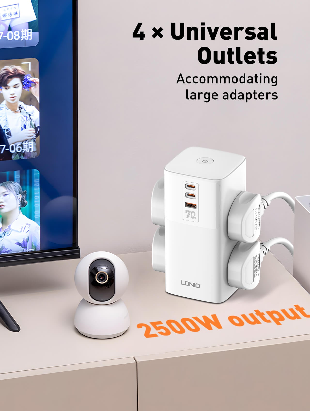 LDNIO SC4383 Power Extension Cord - 4 Universal AC Outlets, 2 USB-C (70W PD), 1 USB-A Ports, 2500W, 2M Cable - White LDNIO SC4383 Power Extension Cord - 4 Universal AC Outlets, 2 USB-C (70W PD), 1 USB-A Ports, 2500W, 2M Cable - White